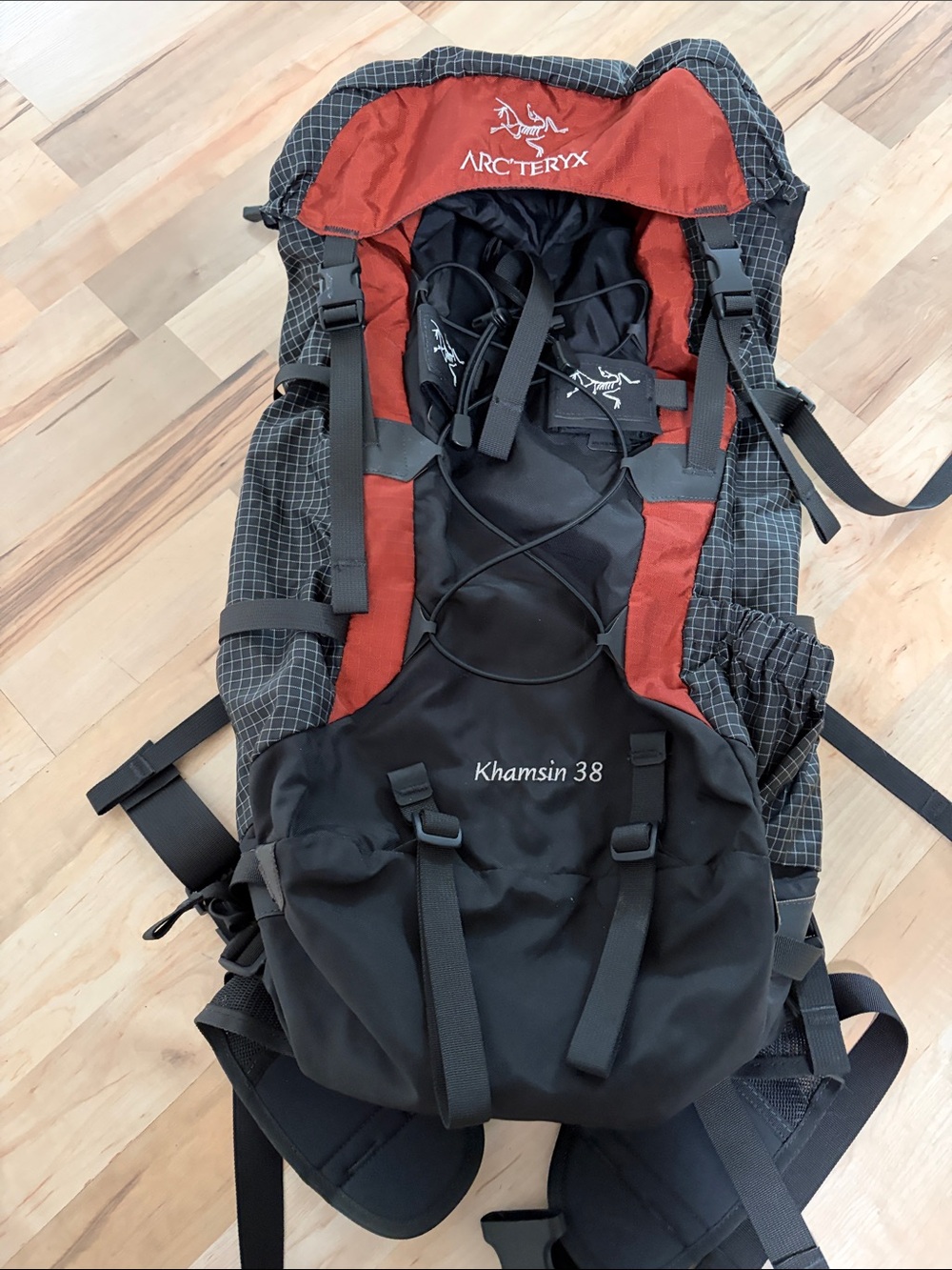 Arc'teryx Khamsin 38 Backpack in Black and Red